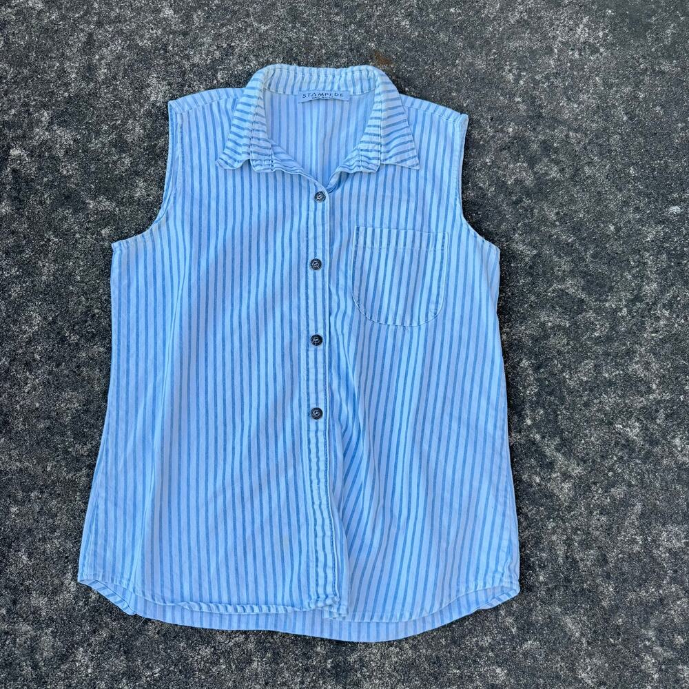Vintage‎ STAMPED USA Blue & White Striped Sleeveless Blouse Size M